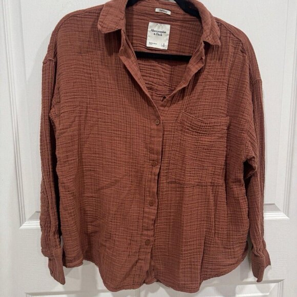 womens abercrombie and fitch Orange Burnt brown Oversized Button Up Size Small - Picture 6 of 6